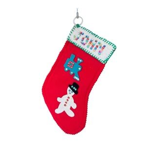 VTG Felt Applique Sequins Beads Christmas Stocking JOHN Train Snowman 10x5 Retro